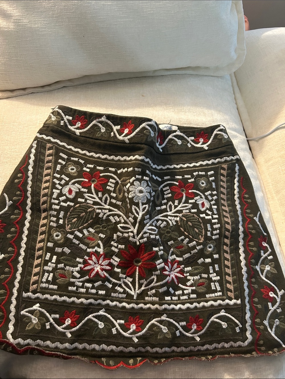 Francesca's Collections Green Embroidered Floral Skirt with Red & White Accents